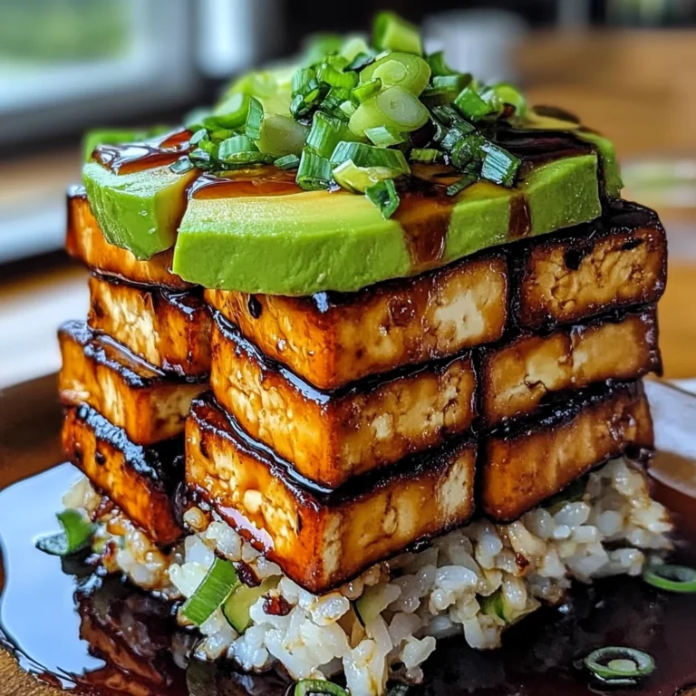 Crispy Teriyaki Tofu and Avocado Rice Stack