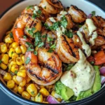 Grilled Shrimp Bowl with Avocado, Corn Salsa & Creamy Garlic Sauce