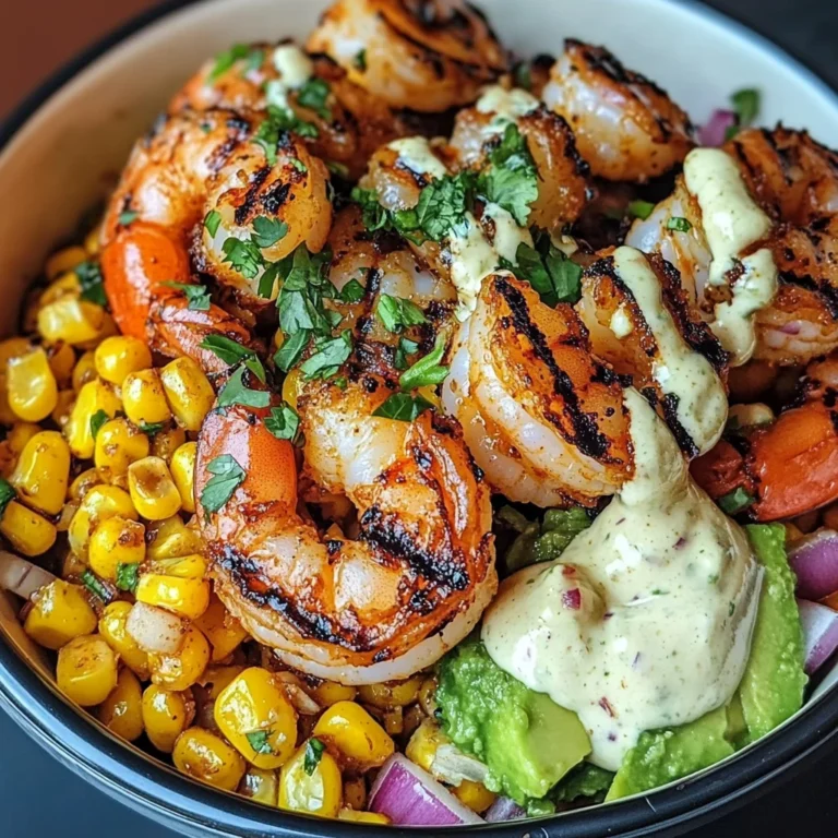 Grilled Shrimp Bowl with Avocado, Corn Salsa & Creamy Garlic Sauce